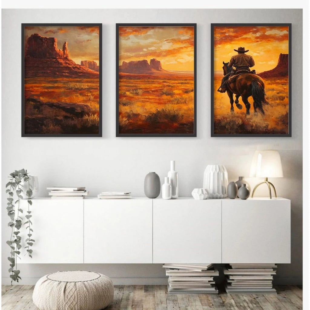Kit 3 Quadros Decorativos Velho Oeste Cowboy com Moldura