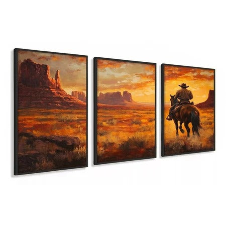 Kit 3 Quadros Decorativos Velho Oeste Cowboy com Moldura