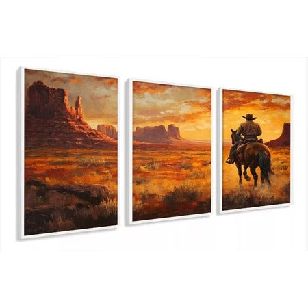 Kit 3 Quadros Decorativos Velho Oeste Cowboy com Moldura